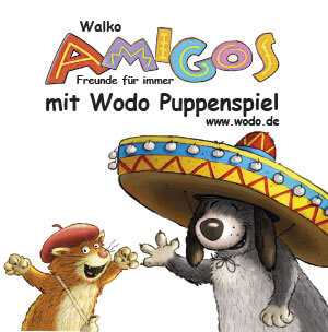 Das Plakat zum Stück: Katze Rosalie und Hund Pedro, welcher einen großen Sombrero auf den Kopf hat.