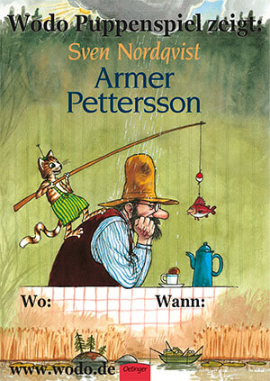 Das Plakat zum Stück: Petterson sitzt an einem Tisch - Findus hält ihm einen Fisch an einer Angel hin.