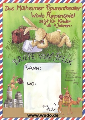 Das Plakat zum Stück: Hase Felix an verschiedenen Orten der Welt