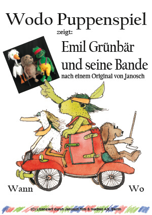 Das Plakat zum Stück: Dolli, Emil und Rüdi in einem roten Auto