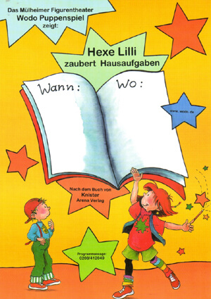 Hexe Lilli mit einem Zauberstab in der Hand, zaubert ihrem Bruder Leon etwas vor