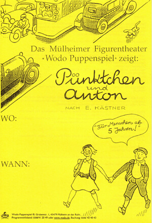 Zeichnung von Pünktchen und Anton, wie sie Hand in Hand an einer Straße entlang gehen