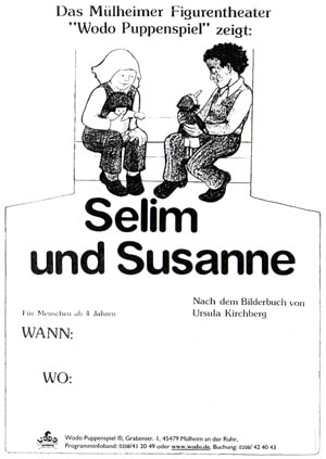 Zeichnung der beiden Kinder Susanne und Selim. Susanne hält eine Puppe und Selim eine Pinocchio-Puppe