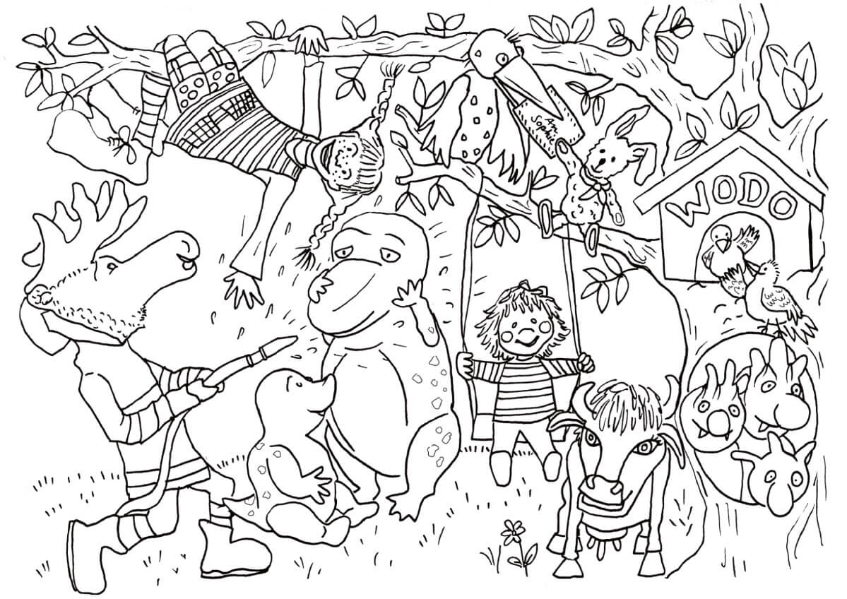 Verschiedene Figuren aus den Wodo-Stücken: Finn, Pippi, Conni, Felix, die Olchis, die Krähe, die Dinos und weitere vor einem Baum